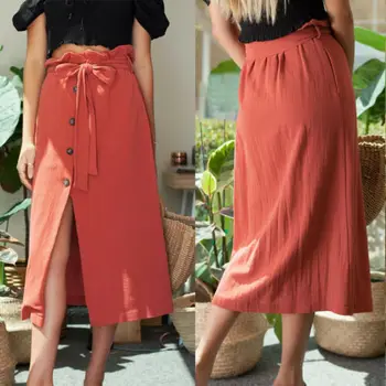 

2019 Womens Midi Skirt High Waist Front Slit Button Bandage Casual Skirt