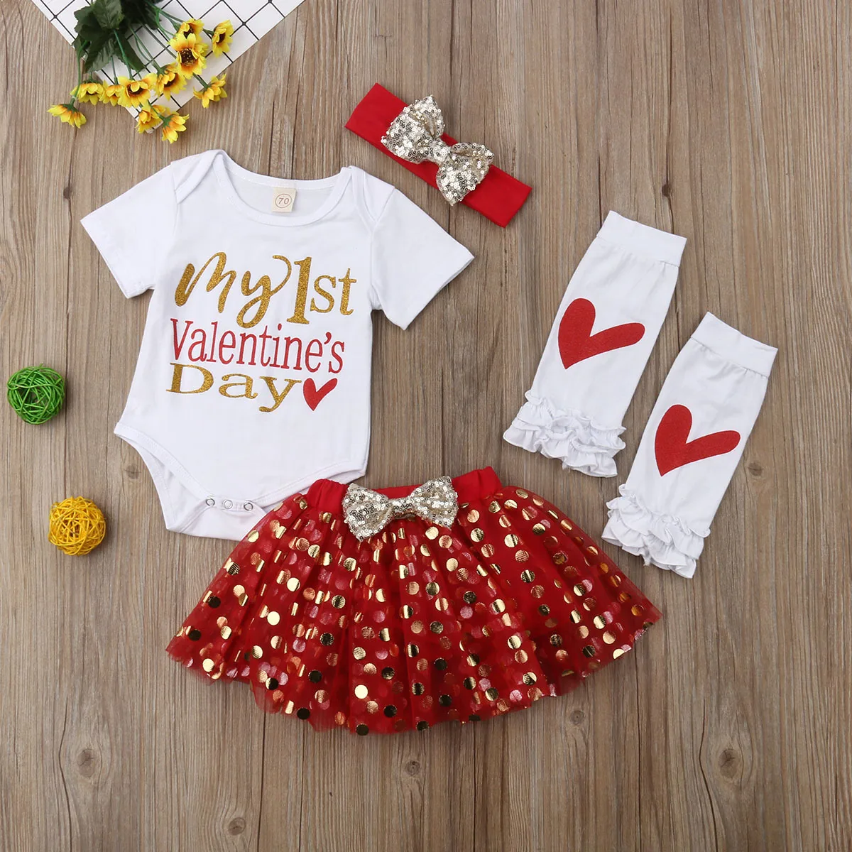 

Lovely 4Pcs Baby Girls My 1st Valentine's Day Rompers Set Short Sleeves Tops+Dots Tutu Skirts+Bow Headwear+Leg Warmers Outfits
