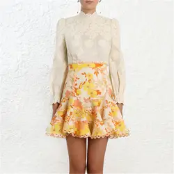 Высокое качество желтый цветочный принт юбки для женщин женские 2019 сезон: весна-лето Prairie Chic высокая Талия Мини взлетно посадочной полосы