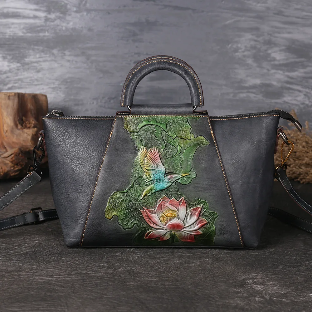 

High Quality Genuine Leather Cross Body Shoulder Embossing Bag Handbag Tote Lotus Pattern Real Cowhide Women Top Handle Bags