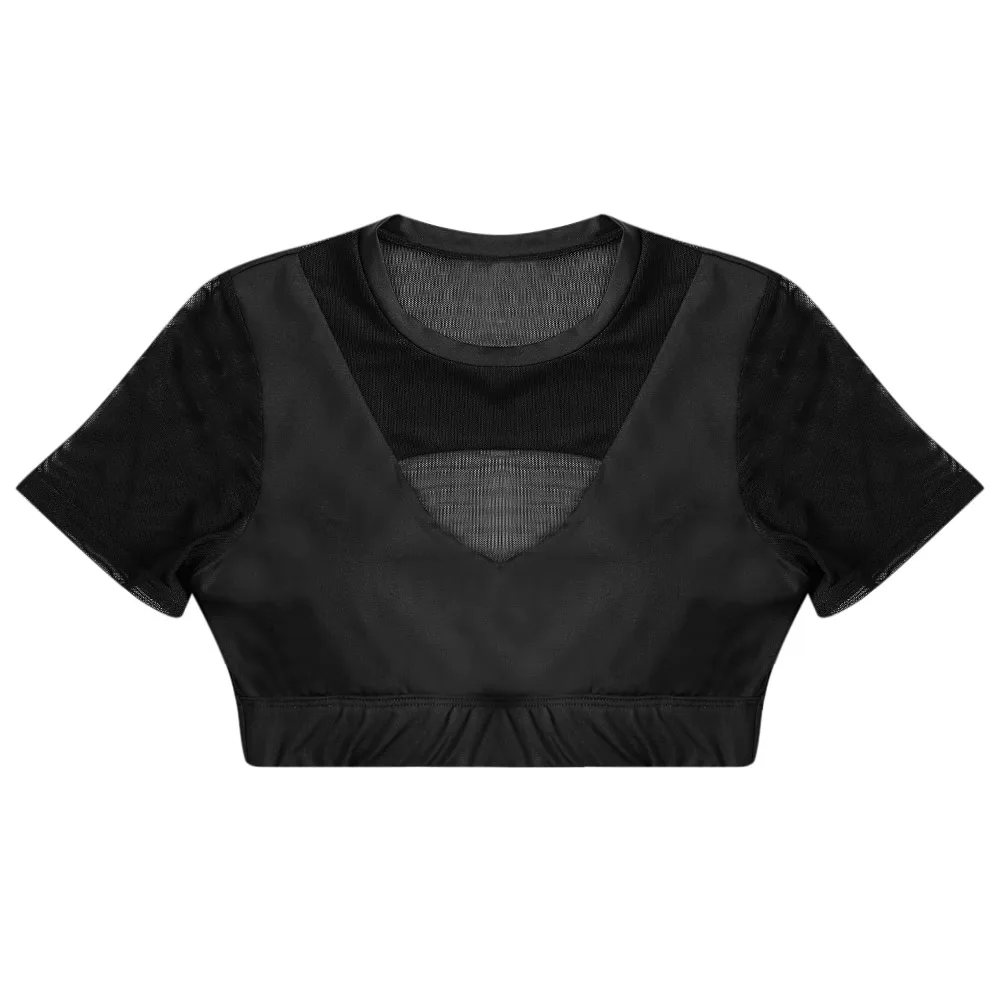 

LANGSTAR Women Sport Bra Spliced Mesh Cut Out Yoga Bra For Cup A-D Black White Running Yoga Gym Fitness Short Sleeve Crop Top