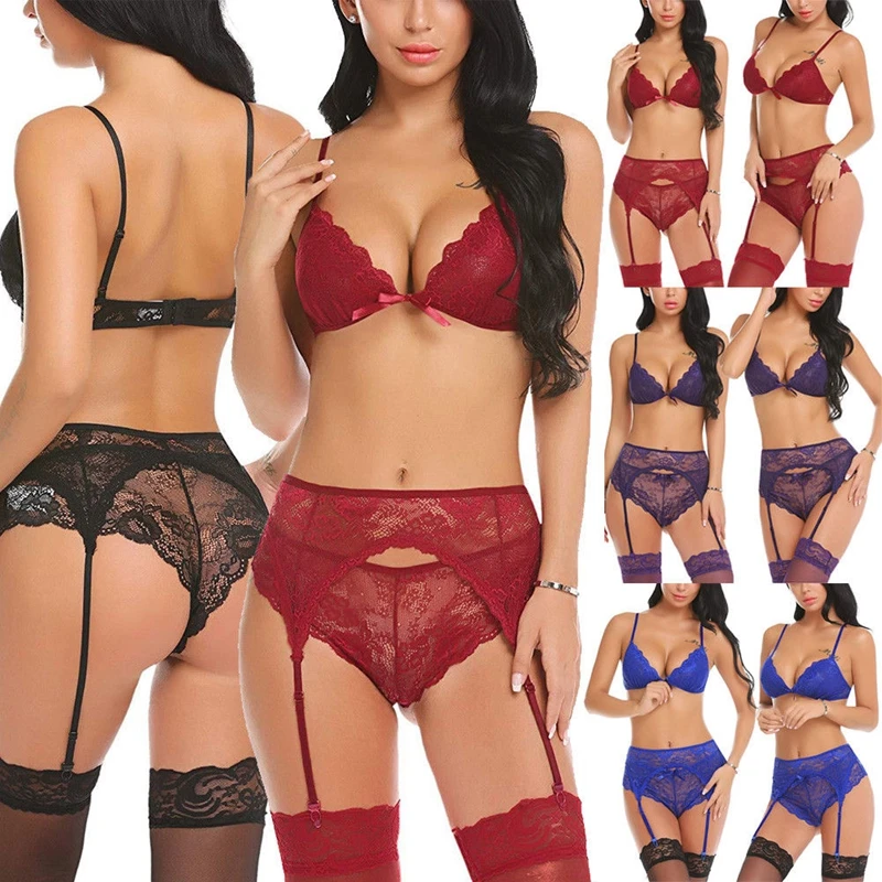 

3Pcs Womens Sexy Lingerie Set Lace Floral Babydoll G-String Thong Underwear Nightwear Hot(Not include Stockings)