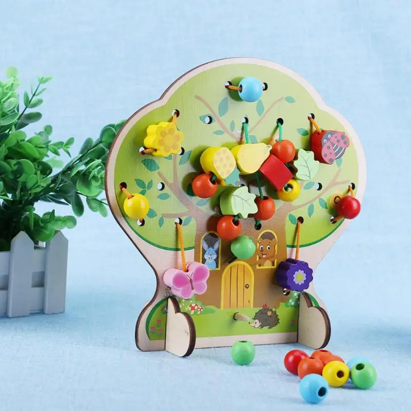 3D DIY деревянные струнные бусины фруктовое Дерево Красочные животные нить бисерные блоки Монтессори раннее развитие ребенка игрушка детский подарок