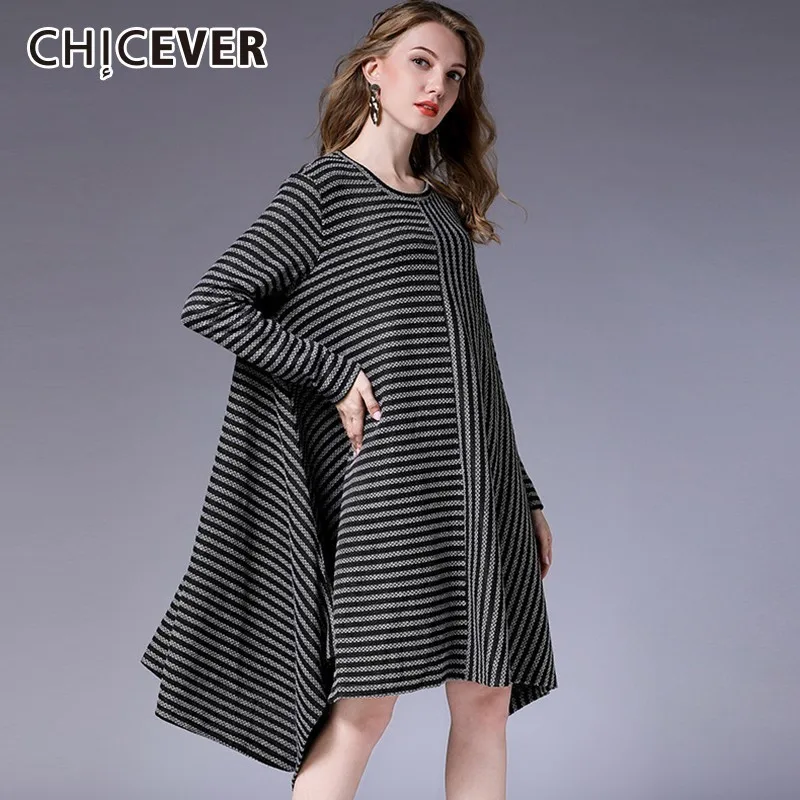 CHICEVER Striped Dresses For Women O Neck Long Sleeve Loose Oversize Irregular Hem Dress Female Autumn Fashion Clothing New 2018 | Женская