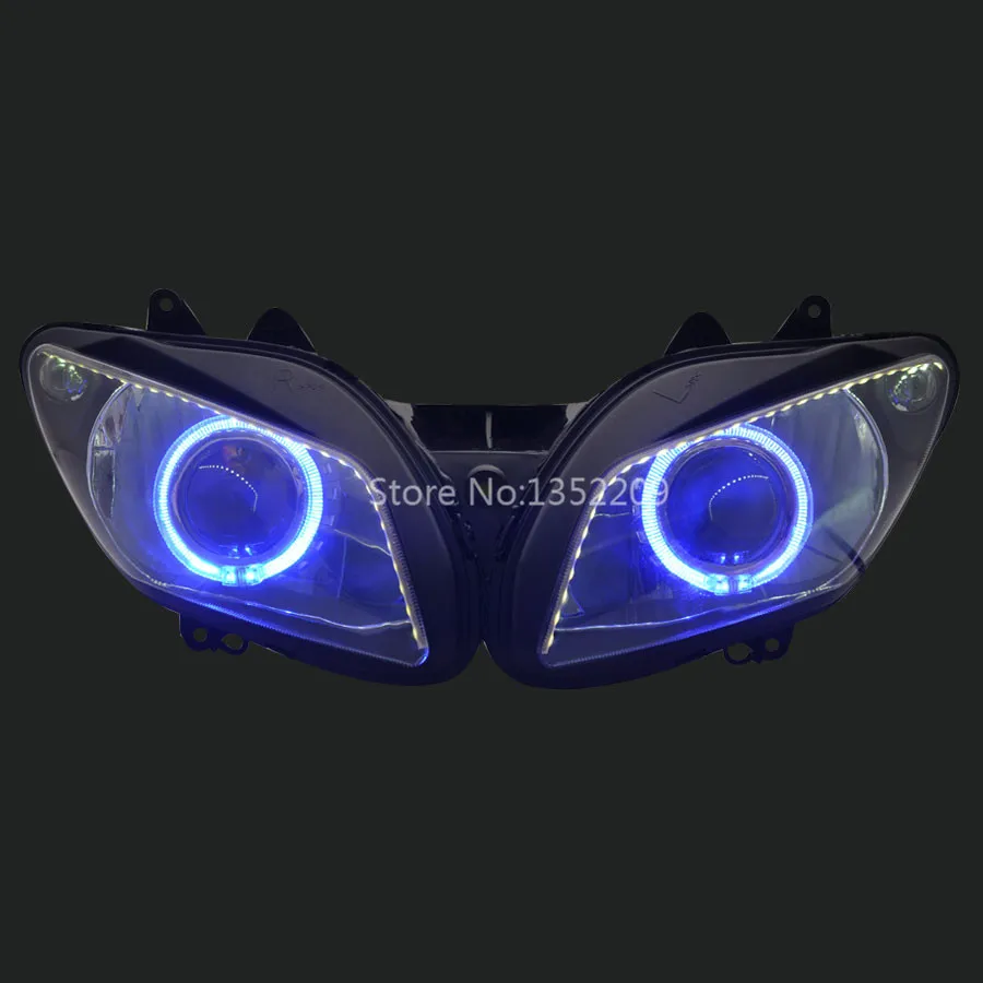 

New Motorcycle Custom HID Projector Headlight Assembled Blue Angel Eye White LED DRL Fits For 02 03 YAMAHA YZF R1 Motorcycles