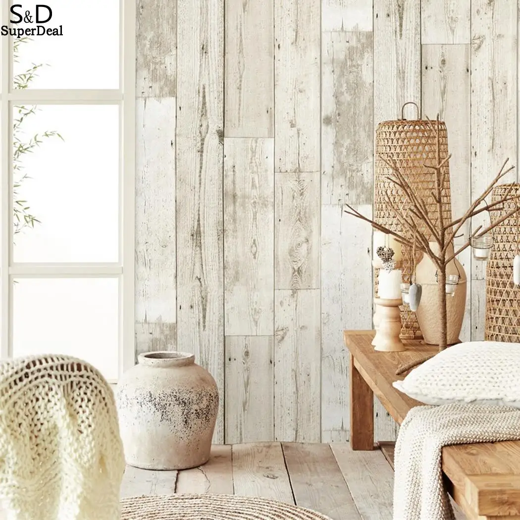 

Nostalgic Ivory White Yellow Wood Grain Waterproof Home, Hotel, Clothing Store, etc Self-adhesive Wallpaper