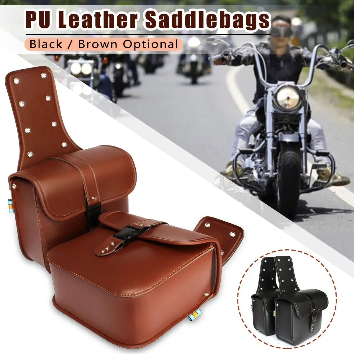 2PCS Black Mini Motorcycle PU Leather Saddle Bags Side Storage Tool Pouch 