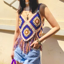 Sexy Cropped Tank Top Women 2019 Summer Bohemian Cami Top Tassel Pure Handing Knitted V Neck Hollow Out spaghetti strap top trendy spaghetti strap criss cross pure color women s tank top