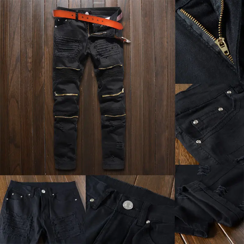 Classic Slim Mens Jeans Men Clothing Fit Straight Biker Ripper Zipper Full length Men's Pants Casual Pants size 36 34 32