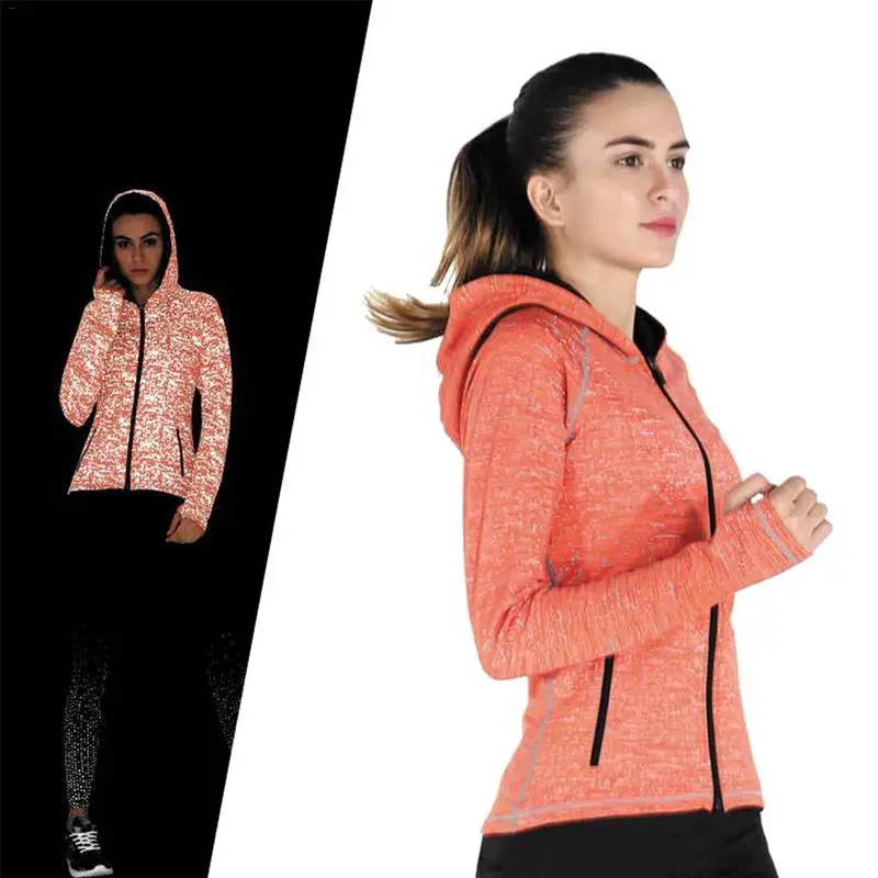 Women Reflective Hooded Sportswear Running Jacket Female Long Sleeve