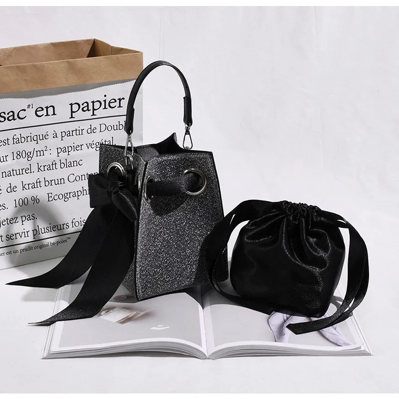 

Tuladuo European Style Women Handbags Ashion Small Women Felt Bucket Bag Ribbon Chain Shoulder Messenger Crossbody Bags Purses