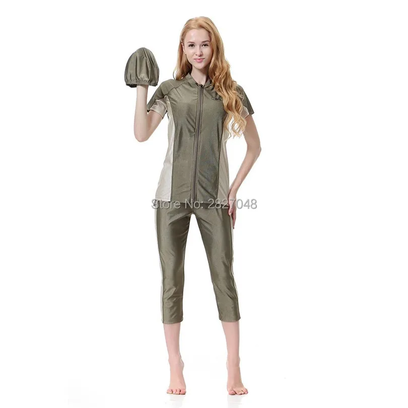 

Beach High Quality Sunscreen Islamic Women Swimsuit Muslim Swimming Patchwork Full Cover Short Sleeve Muslim Swimwear with hat