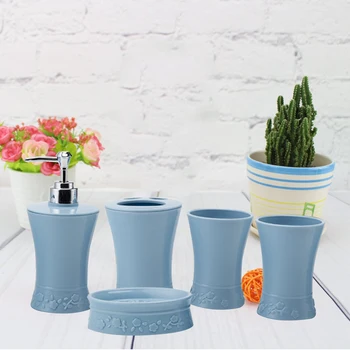 

5pcs/Set Plastic Bath Accessories Kit Cups Toothbrush Holder Soap Dish Dispenser Bathroom Suit (Blue)