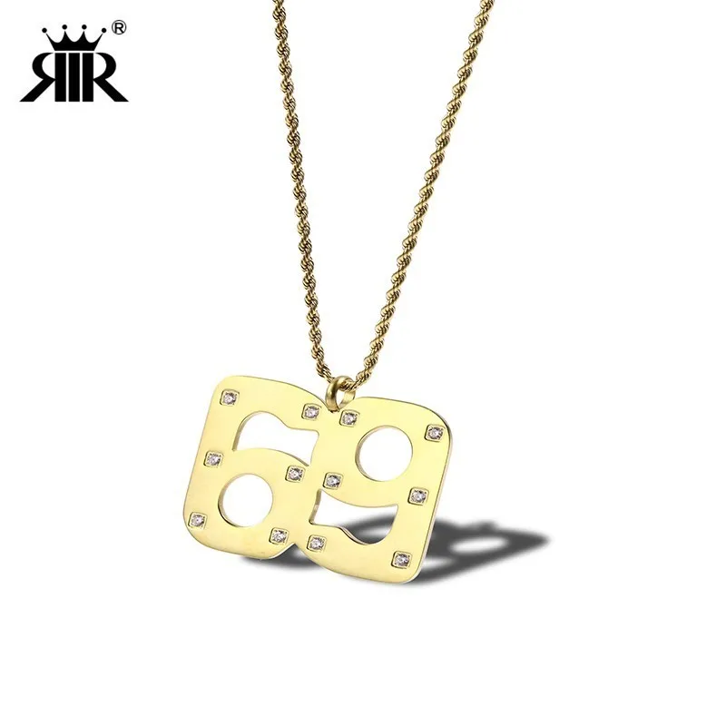

RIR Large Stone Large Size Gold Hip Hop Crystal Iced Out Rich Brian 69 Pendant Necklace In Stainless Steel