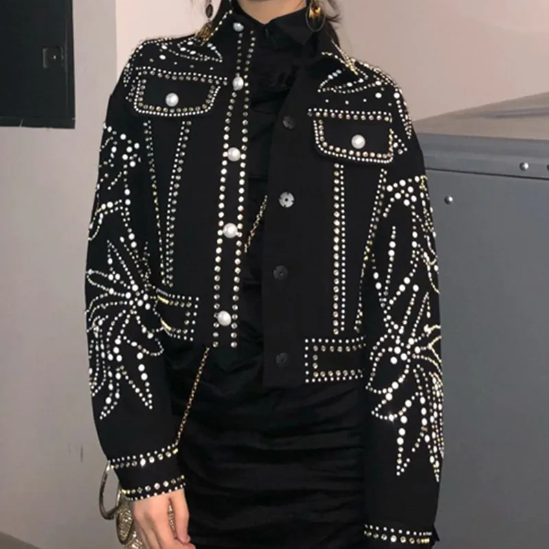 Female 2019 Spring Streetwear Black Denim Jacket Harajuku Heavy Hand Beaded Pearls Diamonds Coat