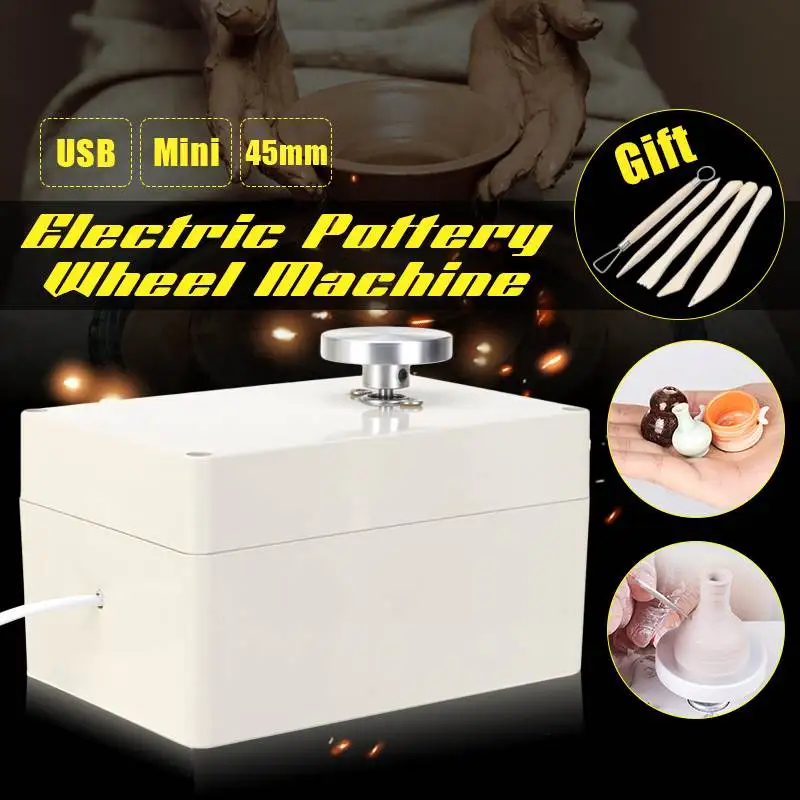 

5V USB Aluminum alloy Fingertip Mini Pottery Wheel 4.5cm Turntable Knob Stepless Speed Change with 5pcs wooden clay tools