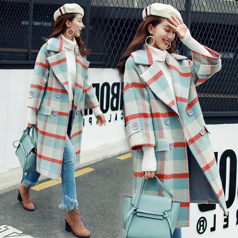 Women Plaid Woolen Coat Female Long Overcoat