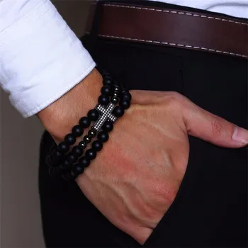 

Men Triple Bracelet Adjustable Elastic Agates with CZ Cross Stack Bracelet In Black Beaded Bracelet