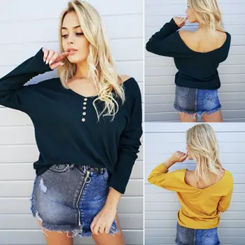 

Women Casual V-Neck Loose Tops Sweater Ladies Long Sleeves Solid Loose Tops Knitted Sweater Clothes