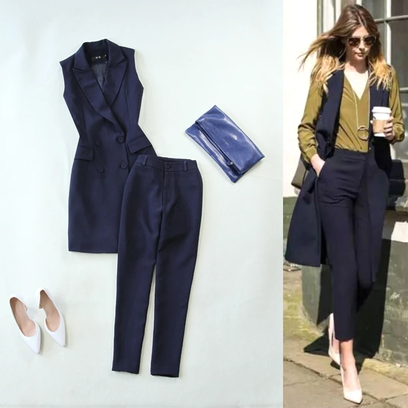

Two piece set top and pants women's new fashion temperament hidden blue suit collar double-breasted vest +9 points pants set
