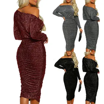 

Women Ladies Casual Off Shoulder Sequins Long Batwing Sleeve Evening Party Ruched Shiny Midi Dress