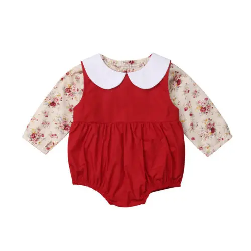 Новинка 2019 года, модный топ с длинными рукавами и цветочным принтом для новорожденных девочек + красный милый боди с кукольным воротником