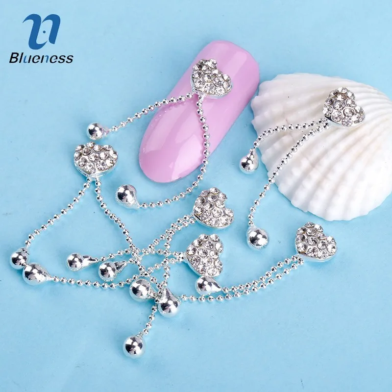 

Blueness 10 Pcs/Lot 3D Heart Nail Art Decoration Glitter Nails Rhinestones Charms Design Strass Silver Alloy Manicure