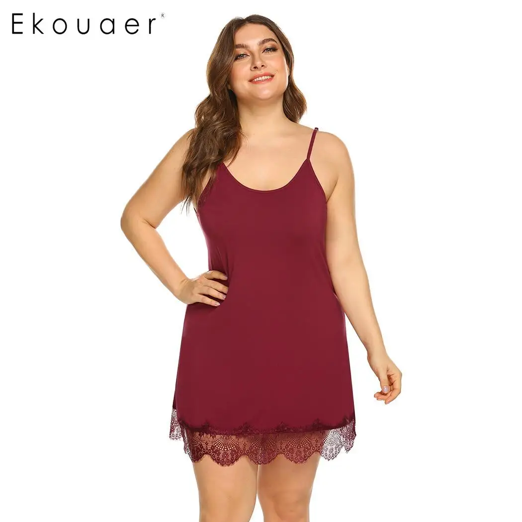 Ekouaer плюс Размеры пикантные женская ночная рубашка с круглым вырезом регулируемые бретельки Кружева цветочные летняя ночная рубашка