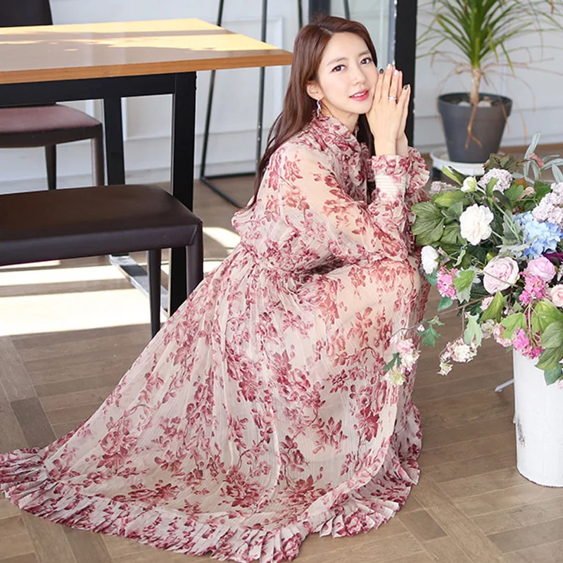 

CINESSD Sexy Long Maxi Dress 2019 Women Summer Chiffon Elegant Flower Print Stand Neck Long Sleeve Boho Beach Loose Dress Vestid