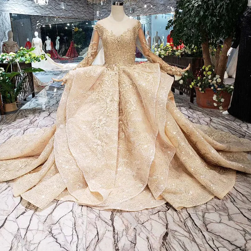 

new luxury gold ruffled wedding dress see-through long sleeve flash lace gown court high-end custom wedding dress