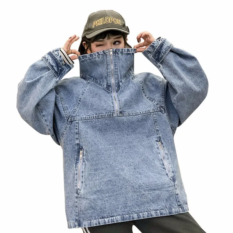 

High Collar Pullover Denim Basic Jacket Women Bomber Jeans Coat 2018 Autumn New Letter Harajuku Zippers Chaqueta Mujer PJ305