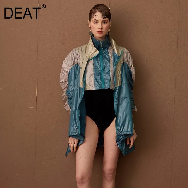 

[DEAT] 2019 AutumnWinter Fashion Long Sleeve Pockets Zippers Color Patchwork Loose Big Size Turn-down Collar Women Coat RA10