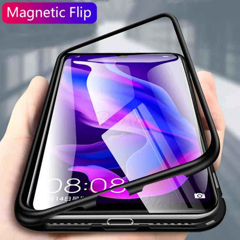 For huawei nova 4e Magnetic Adsorption flip Case on Magnet Metal bumper Back Tempered glass Cover nova4e | Мобильные телефоны и