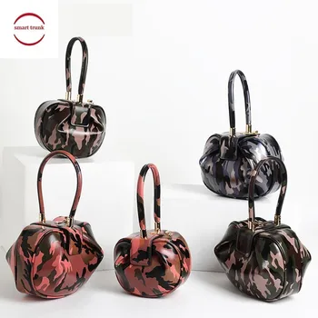 

2019 Fashion Vintage Camouflage Pillow Boston Box Barrel Handbags Genuine Leather Clutches Evening Wrist Bags Women Female