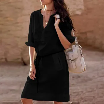 

New Women Elegant V Neck Dress Fashion Casual Cotton Linen Half Sleeve Loose Tops With Button Spesial Party Evening Short Dress