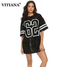 VITIANA, женское Повседневное платье, женское, лето, короткий рукав, свободное, с блестками, с принтом в виде цифр, платья для вечеринок, женская мода, уличная одежда