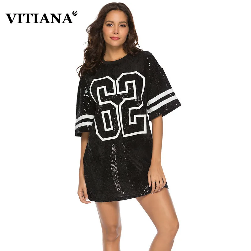 

VITIANA Women Casual Dress Female 2019 Summer Short Sleeve Loose Sequins Print Number Party Dresses Ladies Fashion Streetwear