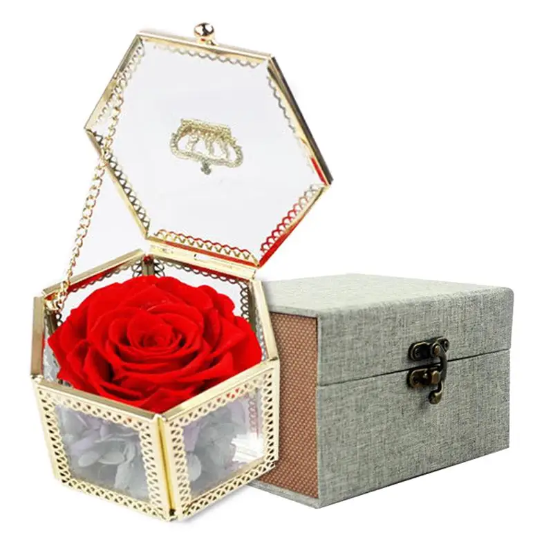 

Romantic Valentine's Day Preserved Flower Handmade Unwithered Eternal Rose With Glass Case And Outer Jewelry Box
