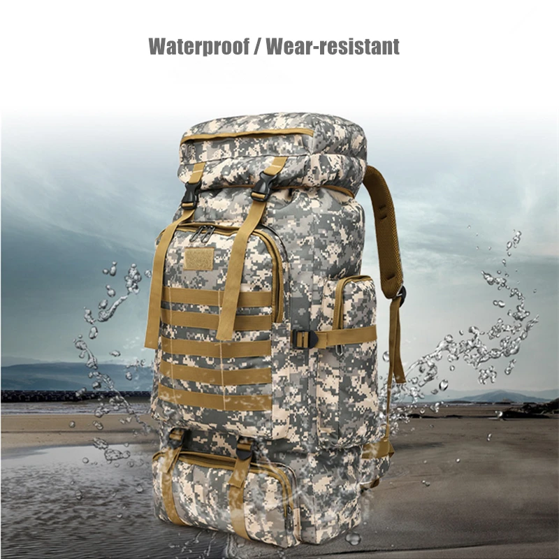 80L Waterproof Molle Camo Tactical Backpack Military Army Hiking Camping Backpack Travel Rucksack O