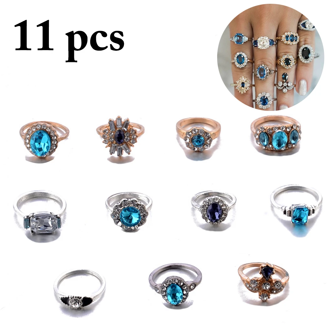 

2019 New 11pcs Women Charm Rings Bohemian Vintage Silver Golden Decorative Alloy Faux Jewelry Ring Knuckle Blue Rings for Party