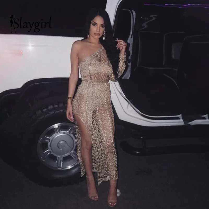 

Slaygirl New hollow out Sexy dress women One Shoulder long dress elegant Bodycon split summer dresses 2018 vestidos party Club