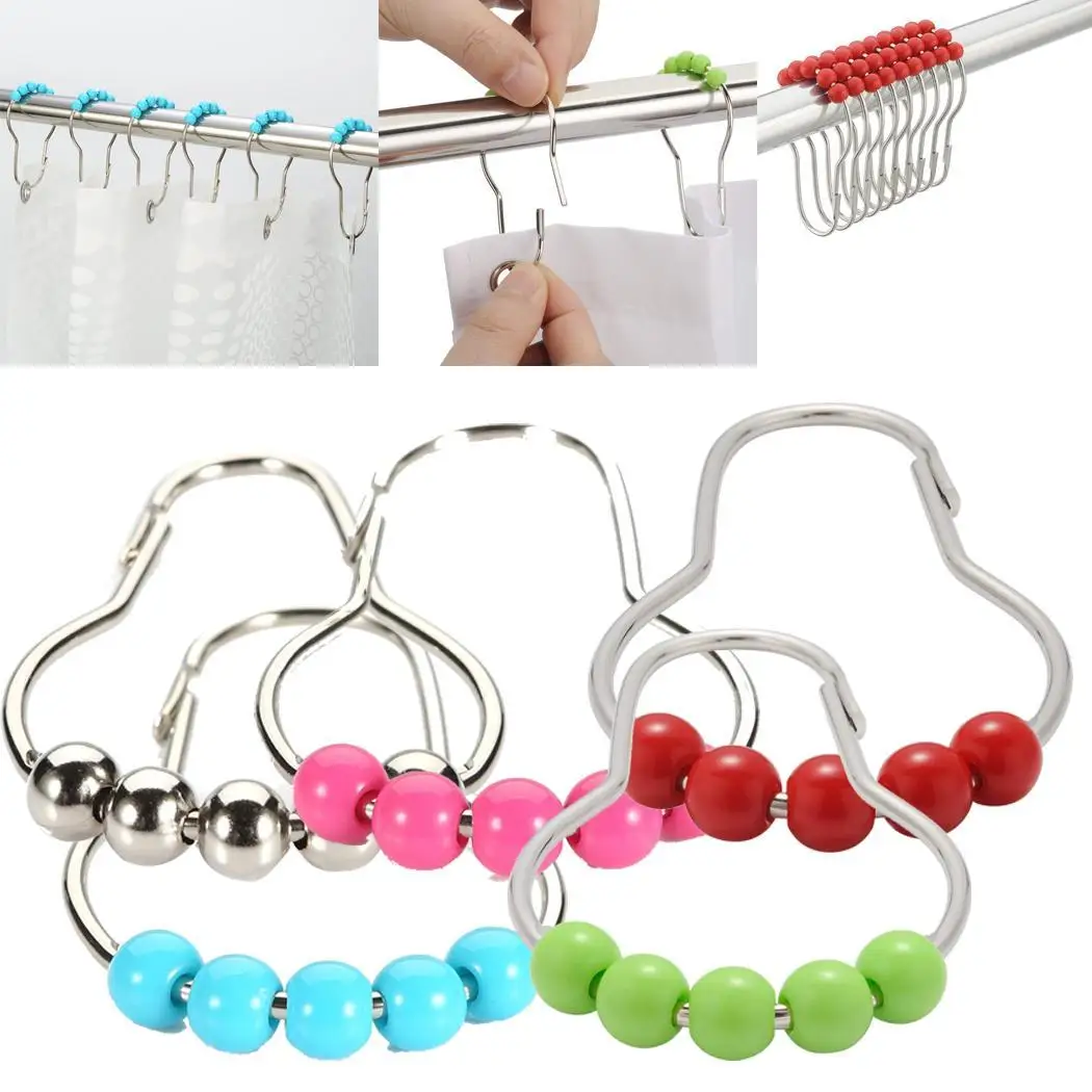

12 pcs/pack Bath Curtain Rollerball Shower Curtain Rings Hooks 5 Roller Polished Satin Nickel Ball Curtain Accessories