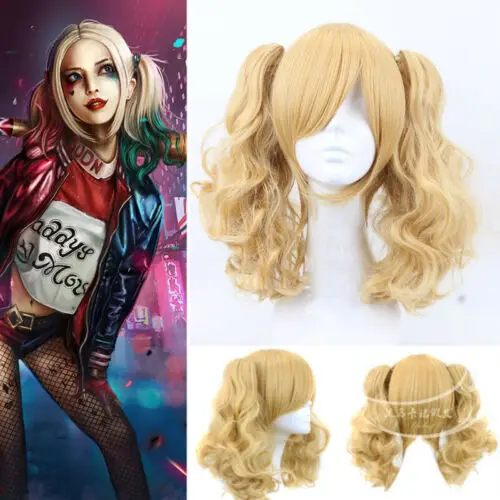 

Batman Harley Quinn 2 Ponytail Golden Blonde Curly Hair Wig Cosplay Party Wig Synthetic Hair Anime Cos Wig