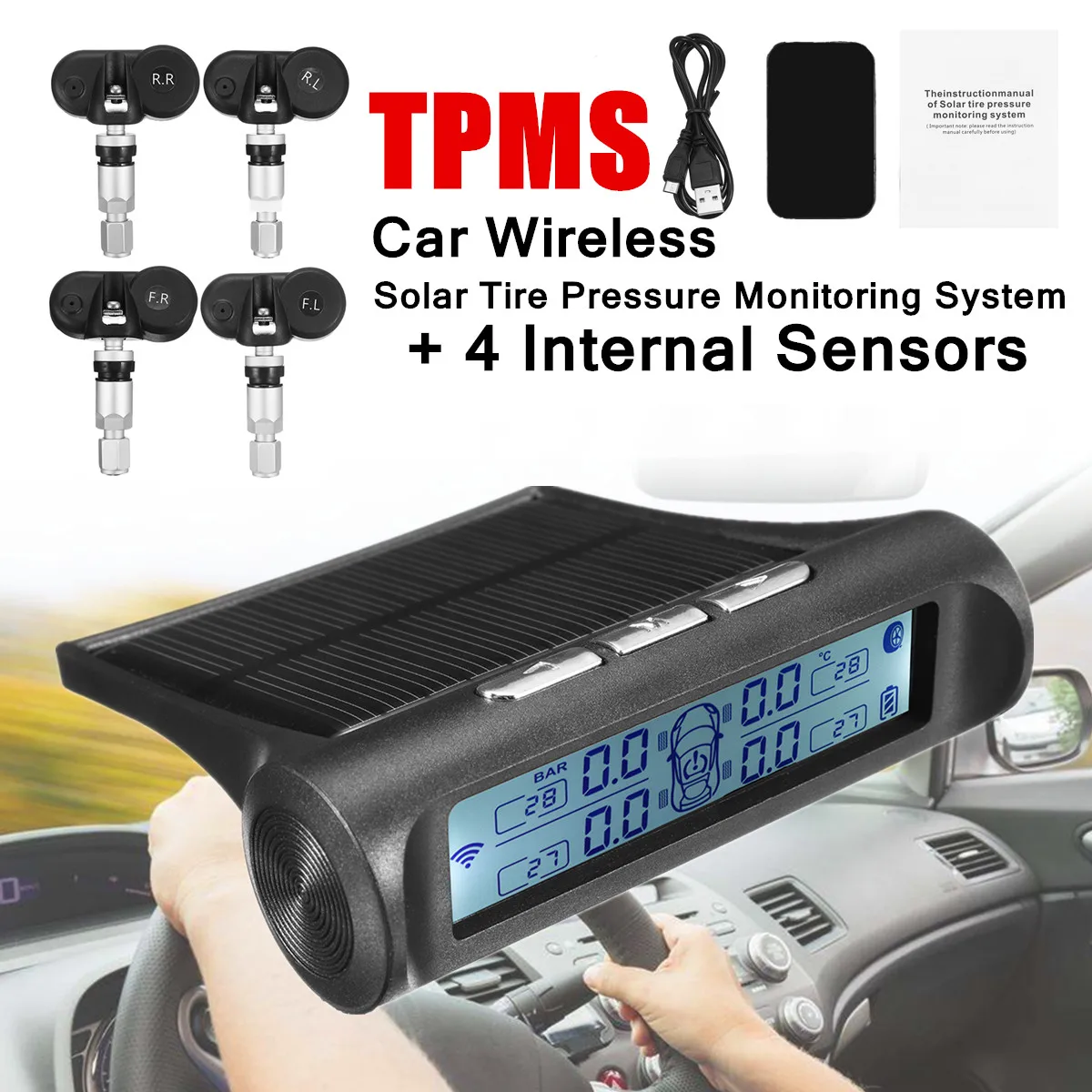 

X10S Car Wireless TPMS Solar Tire Tyre Pressure Monitoring System + 4 Internal Sensors 2.8" LCD Display Convertible Pressure