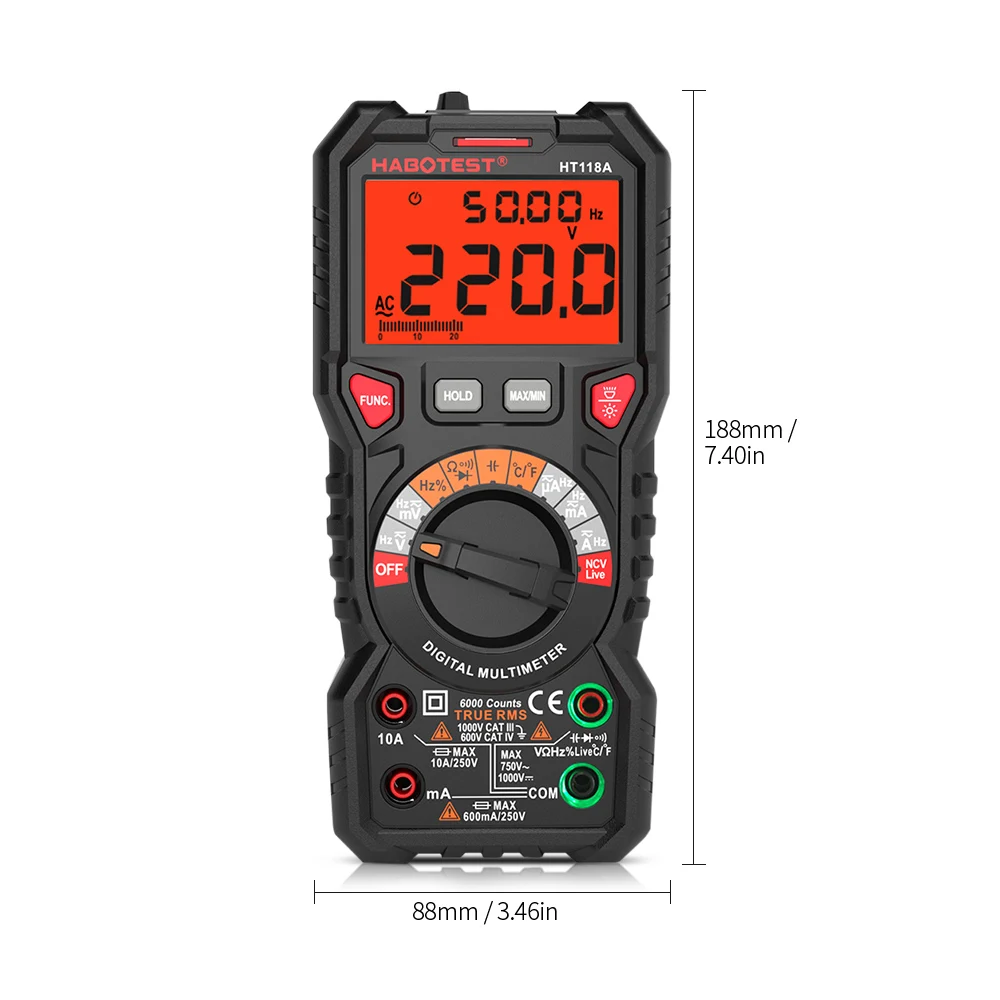 Цифровой мультиметр HABOTEST HT118A с автоматическим диапазоном, мультиметр, 6000 отсчетов, истинное среднеквадратичное значение, измерение напряжения, тока, сопротивления, емкости