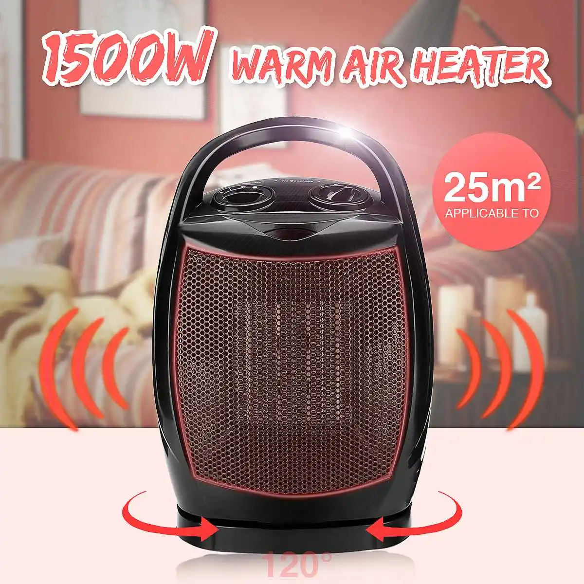 

1500W Electric Warm Air Heater Fan PTC Ceramics Rotation Warmer Thermostat Home Office 220V/110V Adjustable with Handle Safe