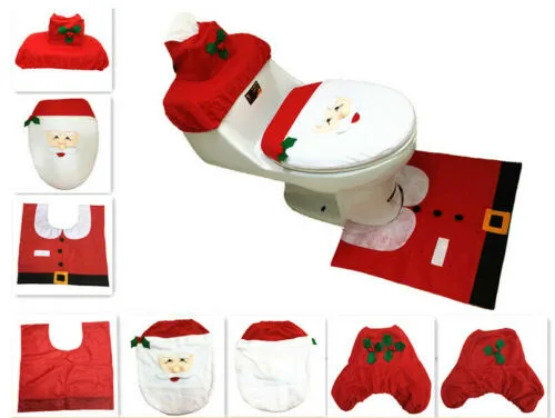 

SUPER PRACTICAL 3PC XMAS BATHRUG CONTOUR MAT TOILET LID COVER COMPLETE BATHROOM SET BACKING