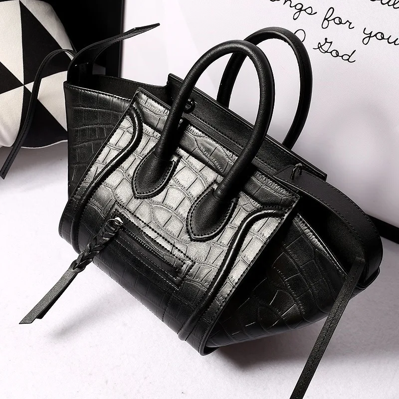 

2018 Alligator Trapeze Smiley Face Handbags Genuine Leather Crocodile Luxury Women Bags Designer Famous Brands Celing Tote