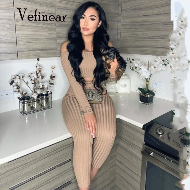 

Vefinear SexyTwo Piece Sets Women Autumn Winter Long Sleeve Off Shoulder Sweatshirt + Pants Skinny Casual Sweater Sets Outfit XL