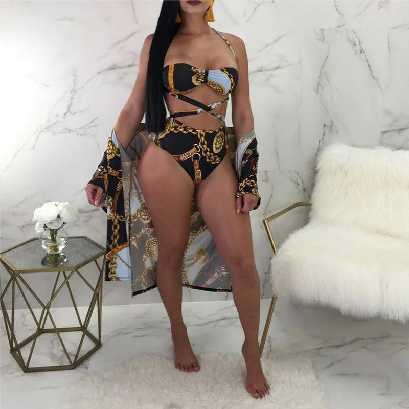 

Summer Women Bikini Set Push-up Padded Bra Swimsuit One Piece Bandage Swimwear Sexy Printed Bathing Wear Ladies' Vintage Beach